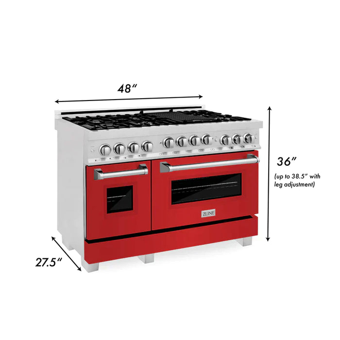 ZLINE 48 In. 6.0 cu. ft. Range with Gas Stove and Gas Oven in DuraSnow® Stainless Steel with Red Matte Doors