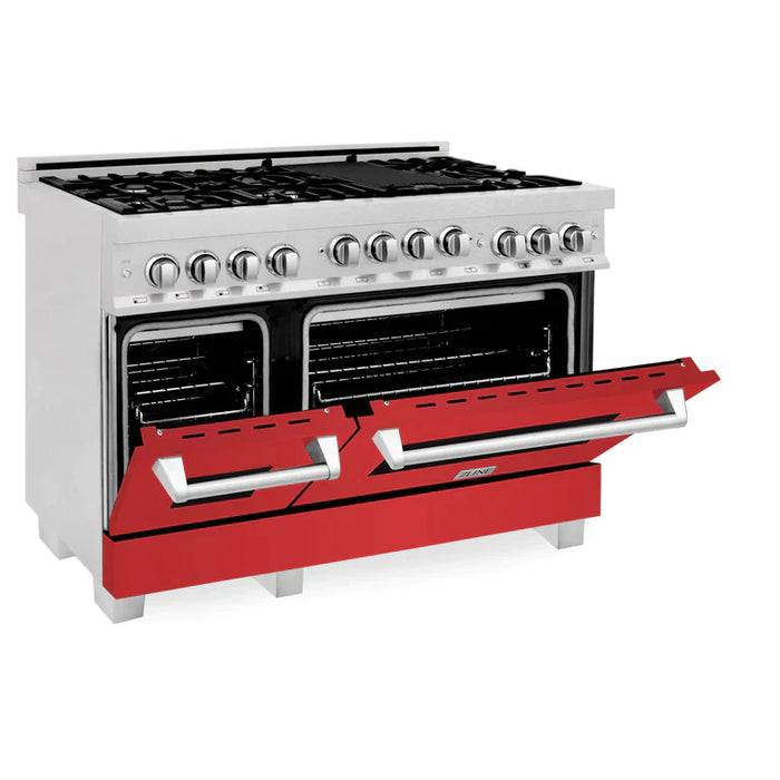 ZLINE 48 In. 6.0 cu. ft. Range with Gas Stove and Gas Oven in DuraSnow® Stainless Steel with Red Matte Doors