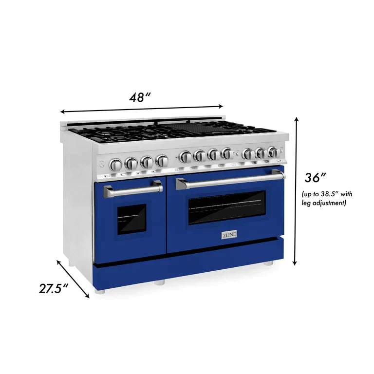 ZLINE 48 Inch 6.0 cu. ft. Range with Gas Stove and Gas Oven in Stainless Steel and Blue Gloss Door