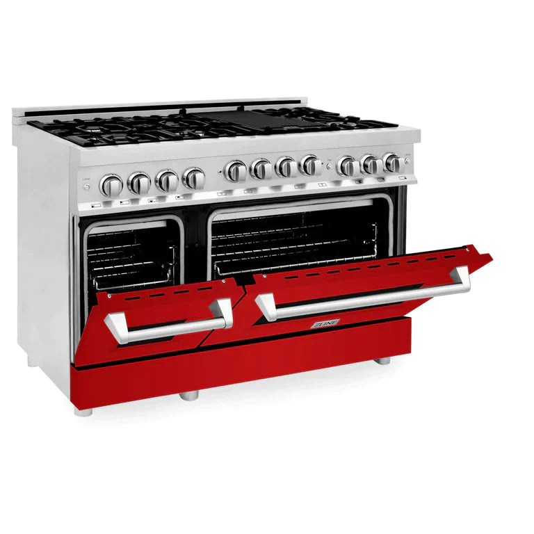 ZLINE 48 Inch 6.0 cu. ft. Range with Gas Stove and Gas Oven in Stainless Steel and Red Gloss Door