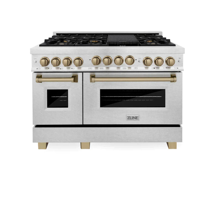 ZLINE 48" Autograph Edition Kitchen Package with DuraSnow® Stainless Steel Gas Range and Range Hood with Accents