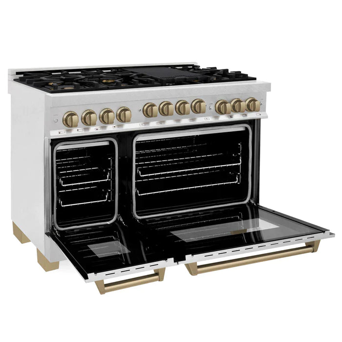 ZLINE 48" Autograph Edition Kitchen Package with DuraSnow® Stainless Steel Gas Range and Range Hood with Accents