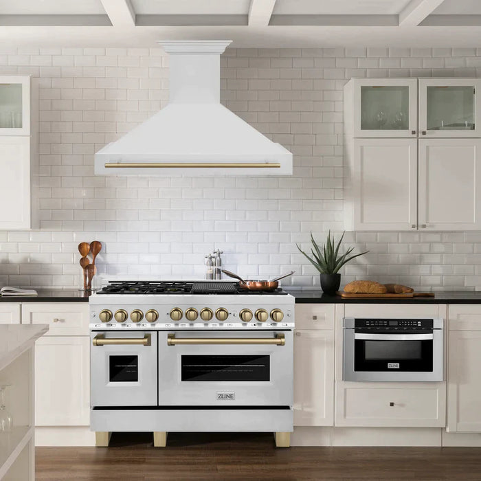 ZLINE 48" Autograph Edition Kitchen Package with Stainless Steel Dual Fuel Range, Range Hood, Dishwasher and Refrigeration with Accents