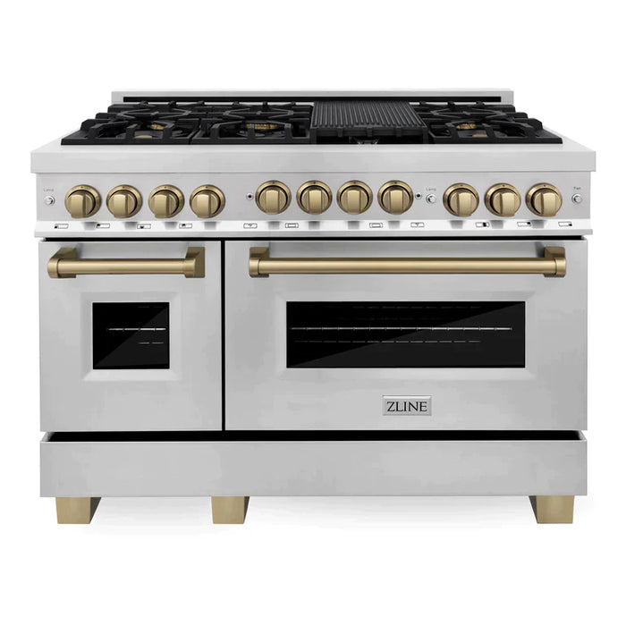 ZLINE 48" Autograph Edition Kitchen Package with Stainless Steel Gas Range, Range Hood, Dishwasher and Refrigeration with Accents