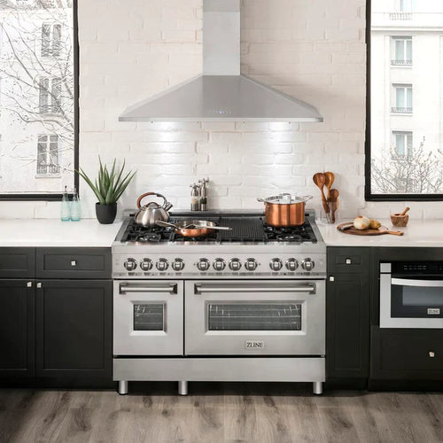 ZLINE Kitchen Package with Stainless Steel Dual Fuel Range, Convertible Vent Range Hood and 24" Microwave Oven 28