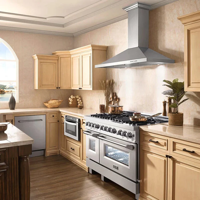 ZLINE Kitchen Package with Water and Ice Dispenser Refrigerator, 48" Dual Fuel Range, 48" Range Hood, and 24" Tall Tub Dishwasher