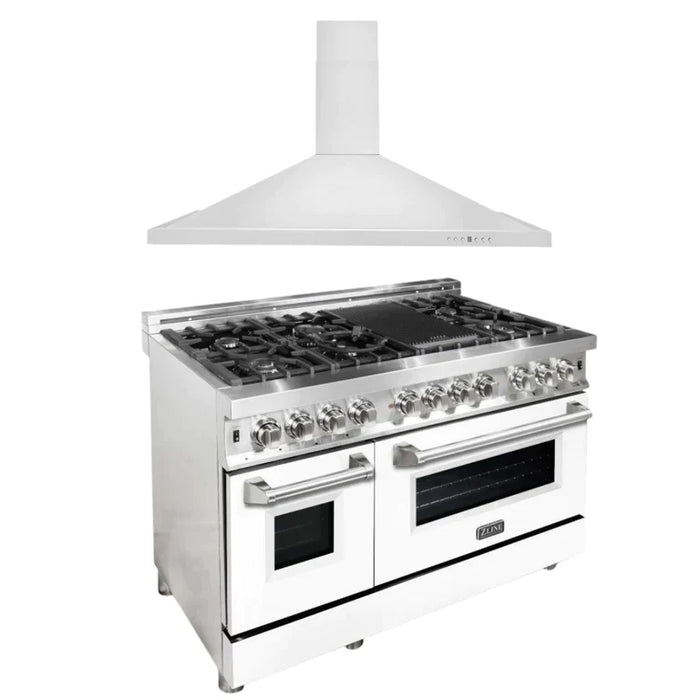 ZLINE Kitchen Package with Stainless Steel Dual Fuel Range with White Matte Door and Convertible Vent Range Hood
