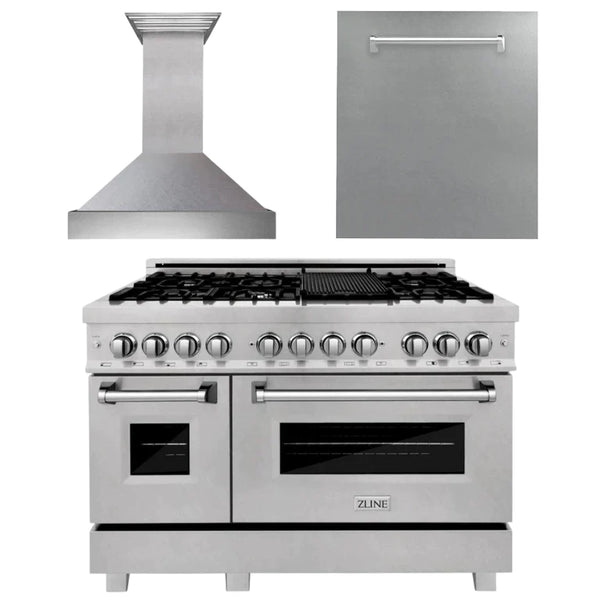 ZLINE 48" Kitchen Package with DuraSnow® Stainless Dual Fuel Range, Ducted Vent Range Hood and Dishwasher 1