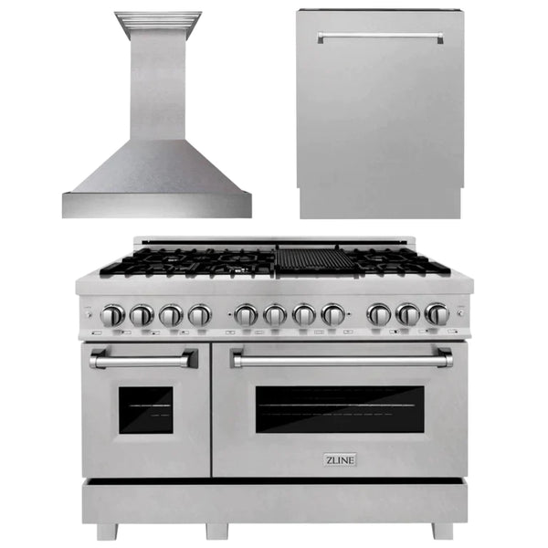 ZLINE 48" Kitchen Package with DuraSnow® Stainless Dual Fuel Range, Ducted Vent Range Hood and Tall Tub Dishwasher 1