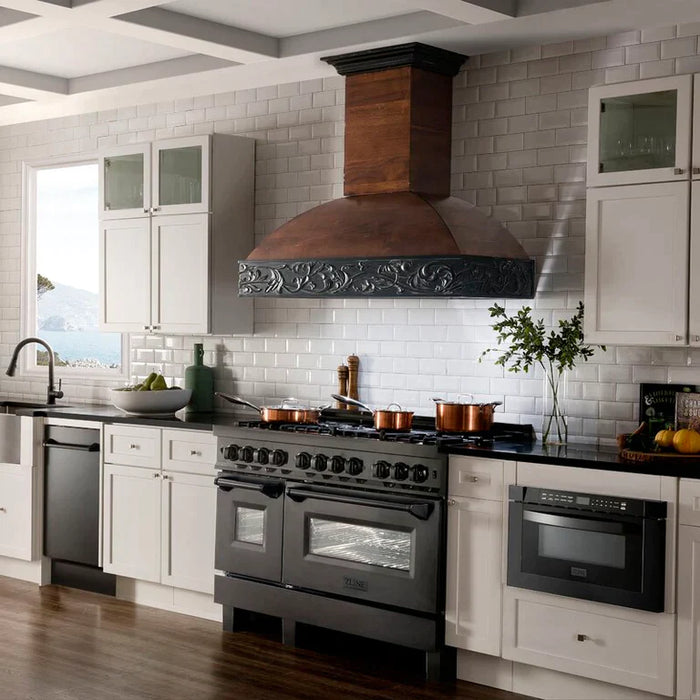 ZLINE 48" Kitchen Package with Black Stainless Steel Dual Fuel Range, Convertible Vent Range Hood and Dishwasher