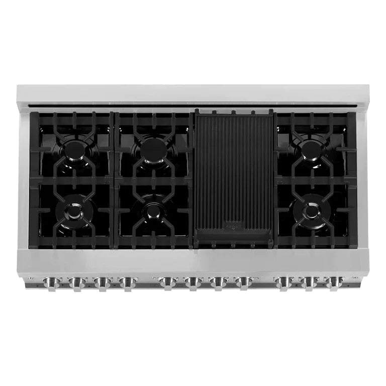 ZLINE 48" Kitchen Package with Stainless Steel Dual Fuel Range, Convertible Vent Range Hood and Microwave Drawer 8
