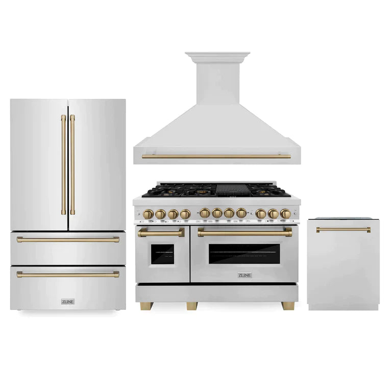 ZLINE 48" Autograph Edition Kitchen Package with Stainless Steel Gas Range, Range Hood, Dishwasher and Refrigeration with Accents 1
