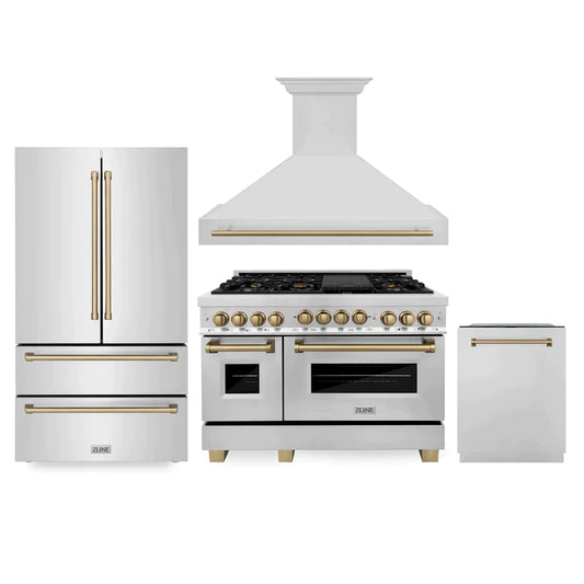 ZLINE 48" Autograph Edition Kitchen Package with Stainless Steel Gas Range, Range Hood, Dishwasher and Refrigeration with Accents