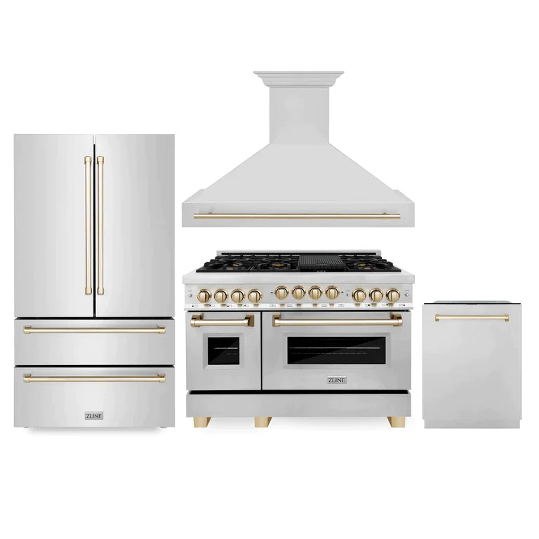 ZLINE 48" Autograph Edition Kitchen Package with Stainless Steel Gas Range, Range Hood, Dishwasher and Refrigeration with Accents 10