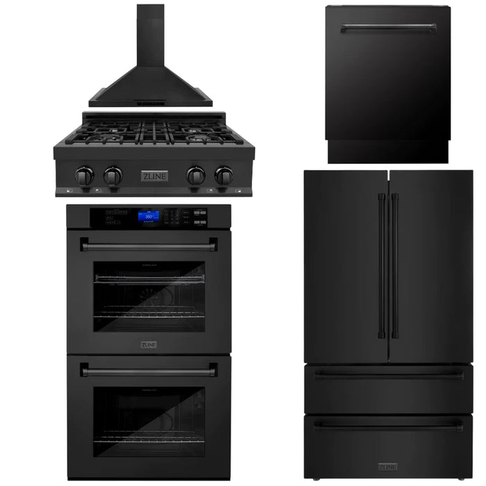 ZLINE Kitchen Package with Black Stainless Steel Refrigeration, 30" Rangetop, 30" Range Hood, 30" Double Wall Oven, and 24" Tall Tub Dishwasher