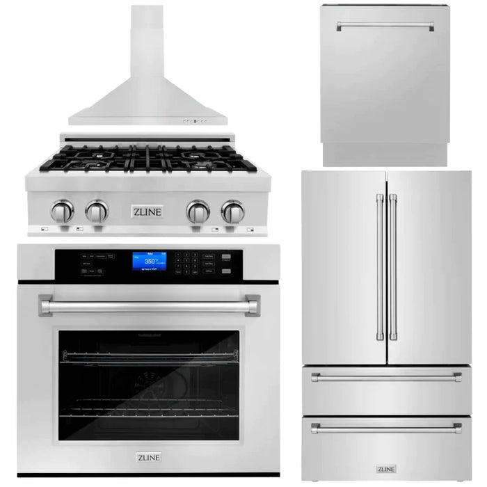 ZLINE Kitchen Package with Refrigeration, 30" Stainless Steel Rangetop, 30" Range Hood, 30" Single Wall Oven and 24" Tall Tub Dishwasher
