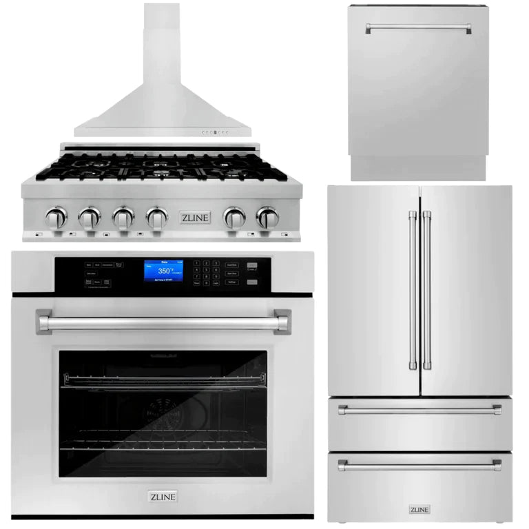 ZLINE Kitchen Package with Refrigeration, 36" Stainless Steel Rangetop, 36" Range Hood, 30" Single Wall Oven and 24" Tall Tub Dishwasher