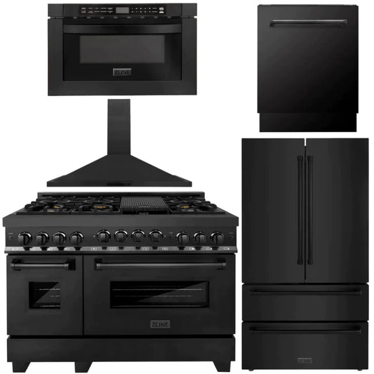ZLINE Kitchen Package with Black Stainless Steel Refrigeration, 48" Gas Range, 48" Range Hood, Microwave Drawer, and 24" Tall Tub Dishwasher
