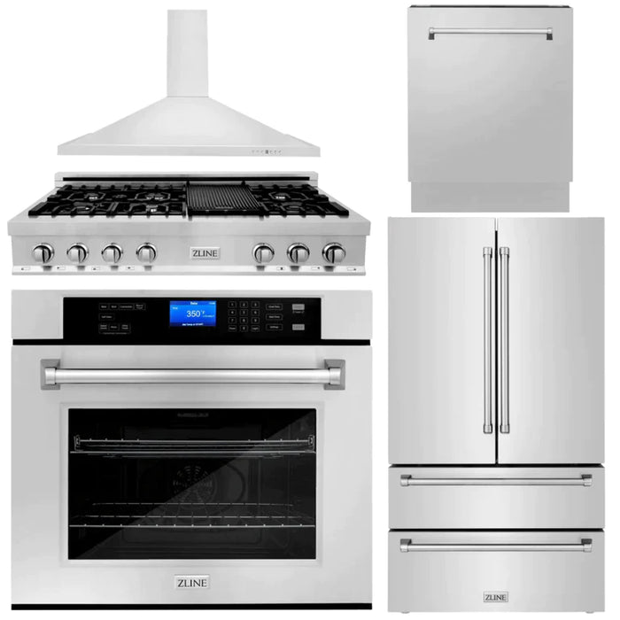 ZLINE Kitchen Package with Refrigeration, 48" Stainless Steel Rangetop, 48" Range Hood, 30" Single Wall Oven and 24" Tall Tub Dishwasher