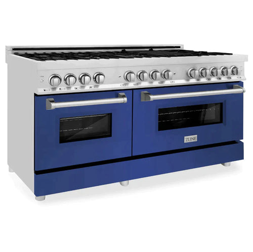 ZLINE 60 In. Professional Dual Fuel Range in DuraSnow® Stainless Steel with Blue Gloss Door 7