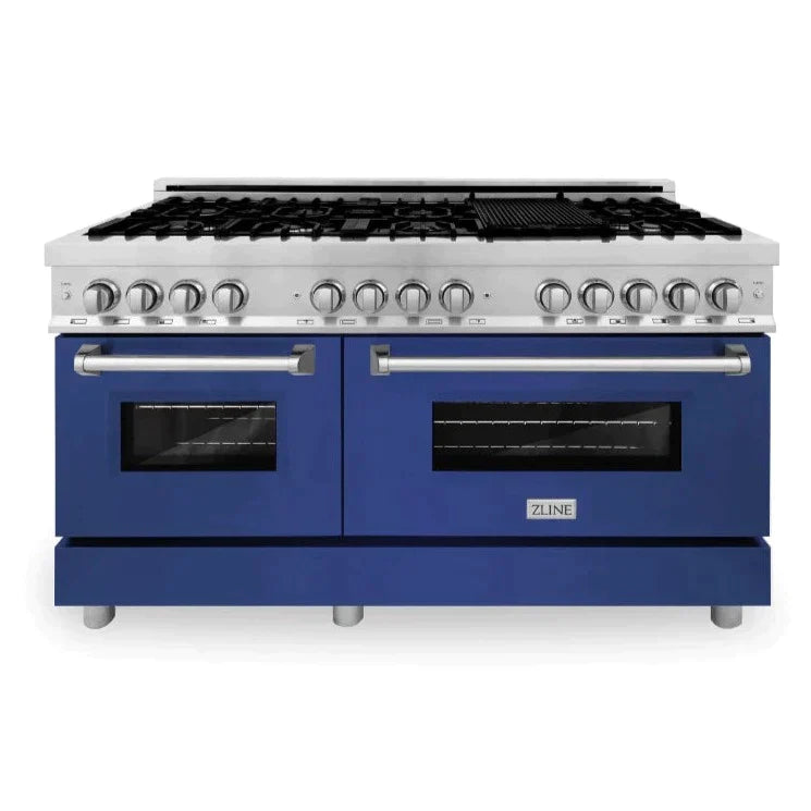 ZLINE 60 In. Professional Dual Fuel Range in DuraSnow® Stainless Steel with Blue Gloss Door