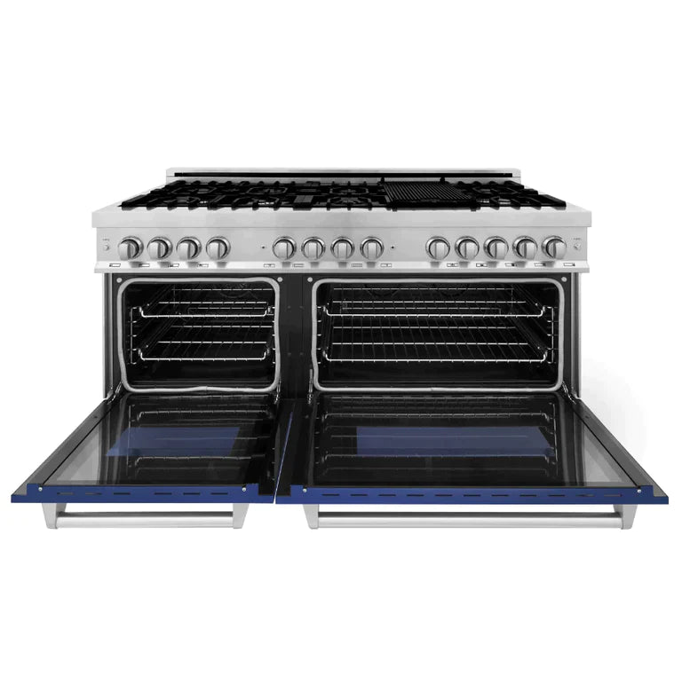 ZLINE 60 In. Professional Dual Fuel Range in DuraSnow® Stainless Steel with Blue Gloss Door