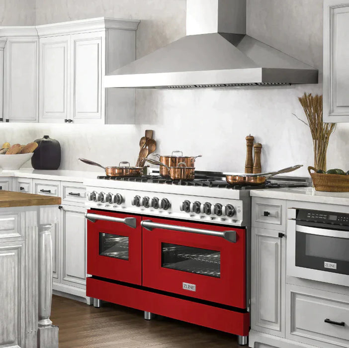 ZLINE 60 In. Professional Dual Fuel Range in DuraSnow®Stainless Steel with Red Gloss Door