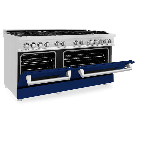 ZLINE 60 in. Professional Gas Burner/Electric Oven Stainless Steel Range with Blue Gloss Door 1