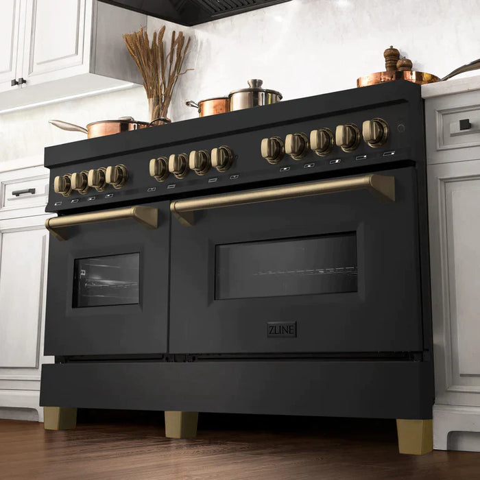 ZLINE Autograph Edition 60 Inch Dual Fuel Range with Gas Stove and Electric Oven in Black Stainless Steel with Champagne Bronze Accents