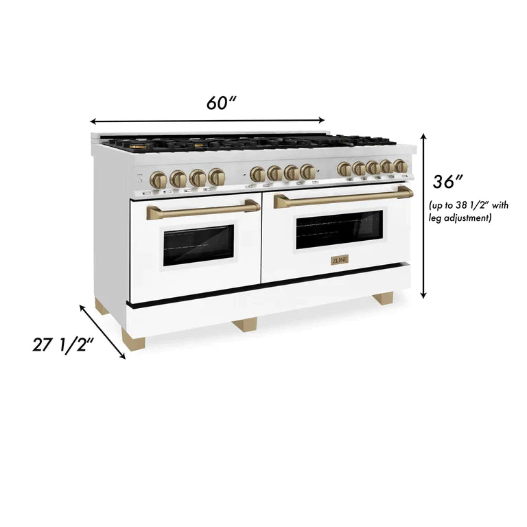 ZLINE 60 Inch Autograph Edition Dual Fuel Range in Stainless Steel with White Matte Door and Champagne Bronze Accents 8