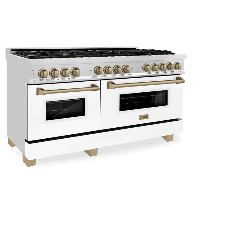 ZLINE 60 Inch Autograph Edition Dual Fuel Range in Stainless Steel with White Matte Door and Champagne Bronze Accents