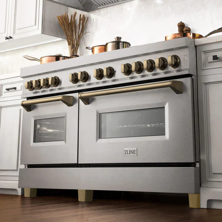 ZLINE 60 Inch Autograph Edition Dual Fuel Range in DuraSnow Stainless Steel with Champagne Bronze Accents 1