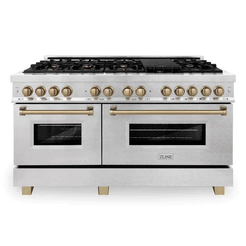 ZLINE 60 Inch Autograph Edition Dual Fuel Range in DuraSnow Stainless Steel with Champagne Bronze Accents 9