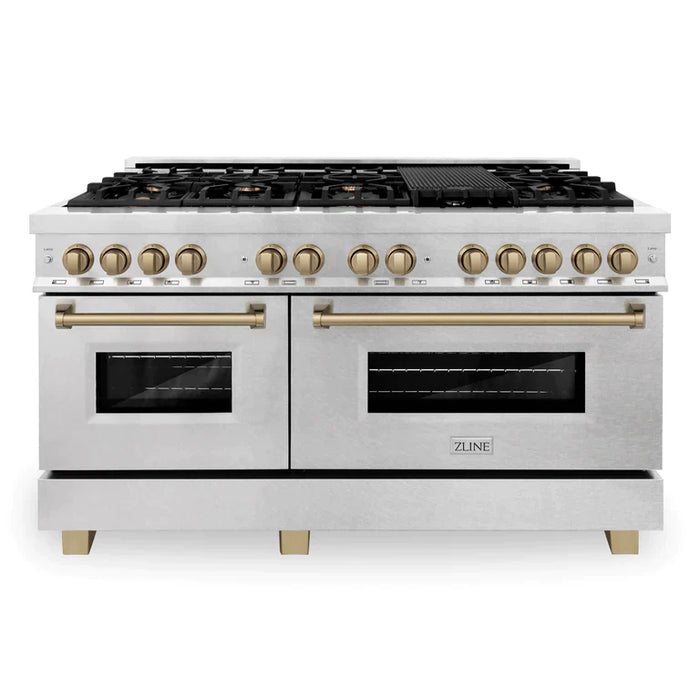 ZLINE 60 Inch Autograph Edition Dual Fuel Range in DuraSnow Stainless Steel with Champagne Bronze Accents