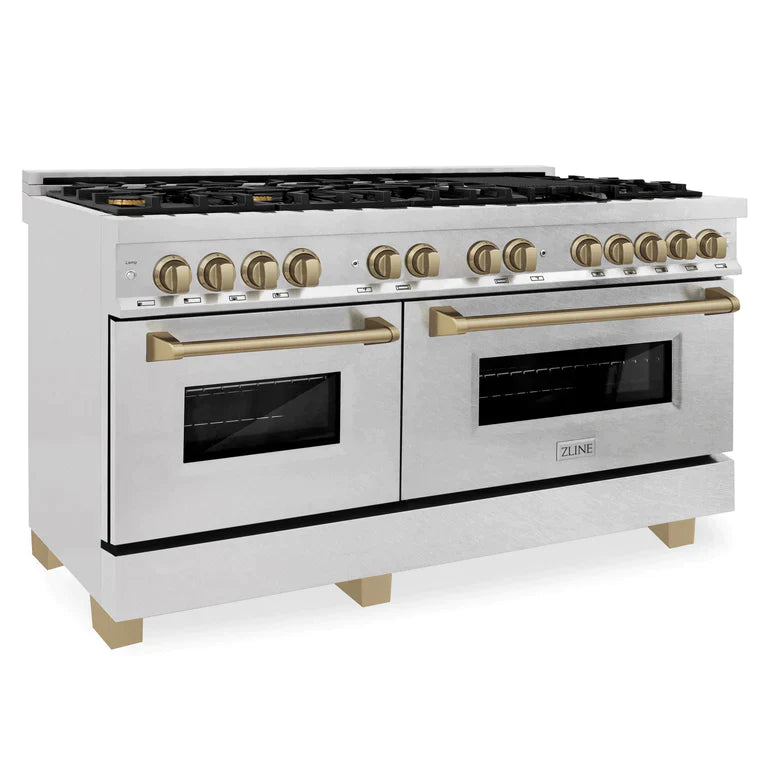 ZLINE 60 Inch Autograph Edition Dual Fuel Range in DuraSnow Stainless Steel with Champagne Bronze Accents 3