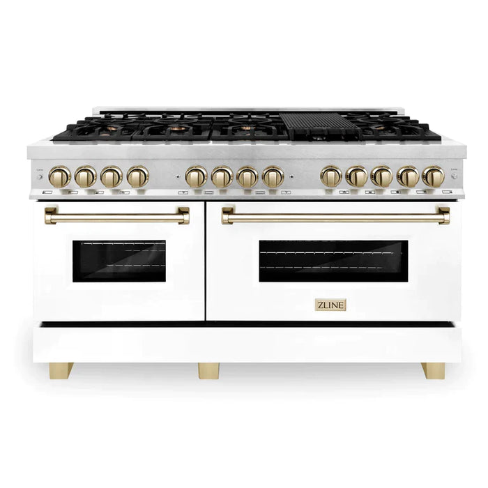ZLINE 60 Inch Autograph Edition Dual Fuel Range in DuraSnow® Stainless Steel with White Matte Door and Gold Accents