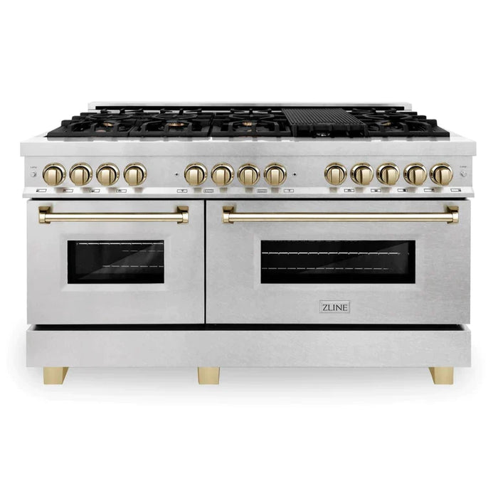 ZLINE 60 Inch Autograph Edition Dual Fuel Range in DuraSnow® Stainless Steel with Gold Accents