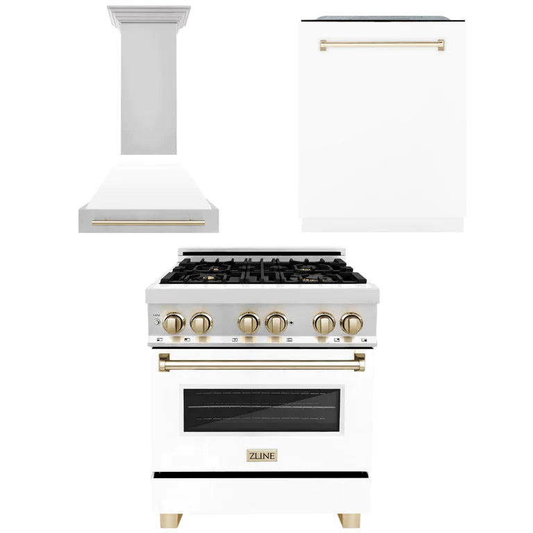 ZLINE Autograph Edition Kitchen Package with Stainless Steel Dual Fuel Range with White Matte Door, Range Hood and Dishwasher with Accents 10