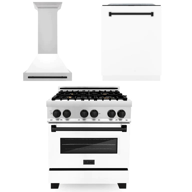 ZLINE Autograph Edition Kitchen Package with Stainless Steel Dual Fuel Range with White Matte Door, Range Hood and Dishwasher with Accents
