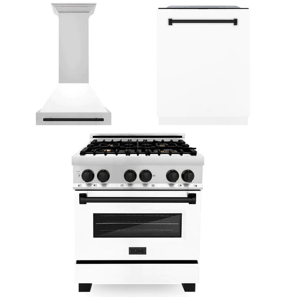 ZLINE Autograph Edition Kitchen Package with Stainless Steel Dual Fuel Range with White Matte Door, Range Hood and Dishwasher with Accents 11