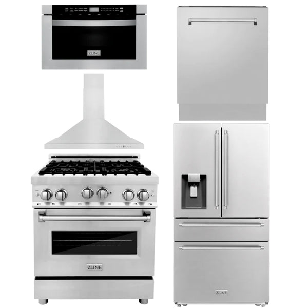 ZLINE Kitchen Package with Water and Ice Dispenser Refrigerator, 30" Gas Range, 30" Range Hood, Microwave Drawer, and 24" Tall Tub Dishwasher 1