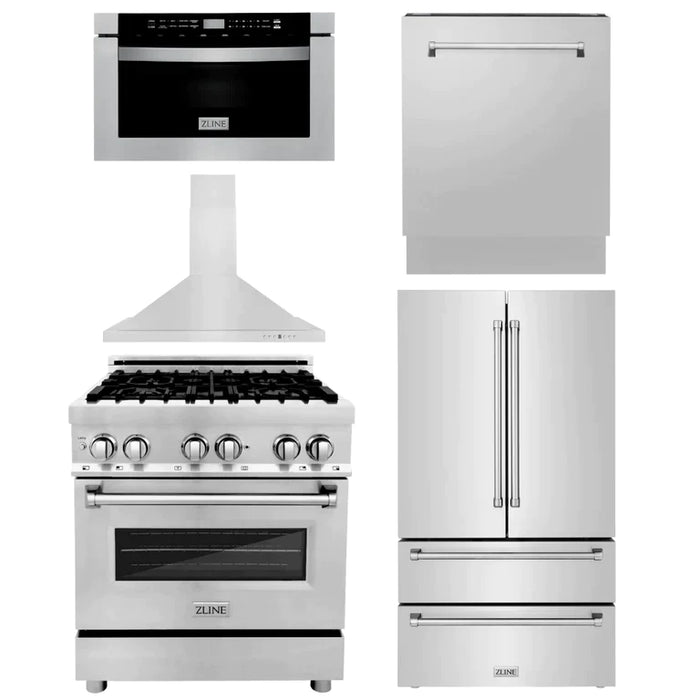 ZLINE Kitchen Package with Refrigeration, Stainless Steel Dual Fuel Range, Range Hood, Microwave Drawer, and 24" Tall Tub Dishwasher