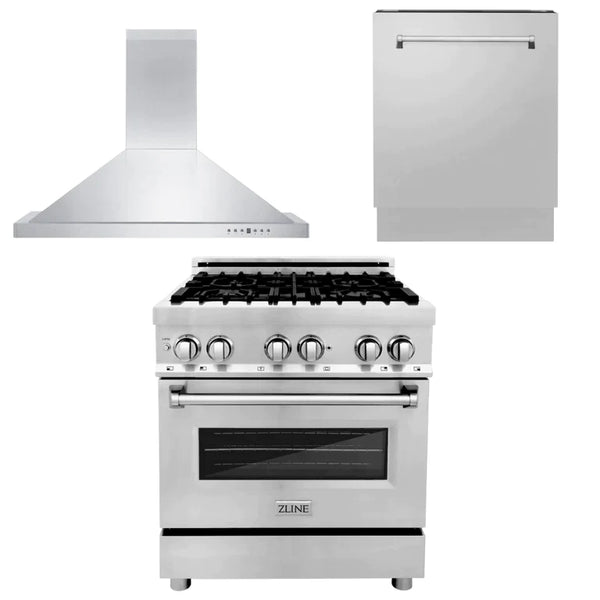 ZLINE 30" Kitchen Package with Stainless Steel Dual Fuel Range, Convertible Vent Range Hood and Tall Tub Dishwasher 1