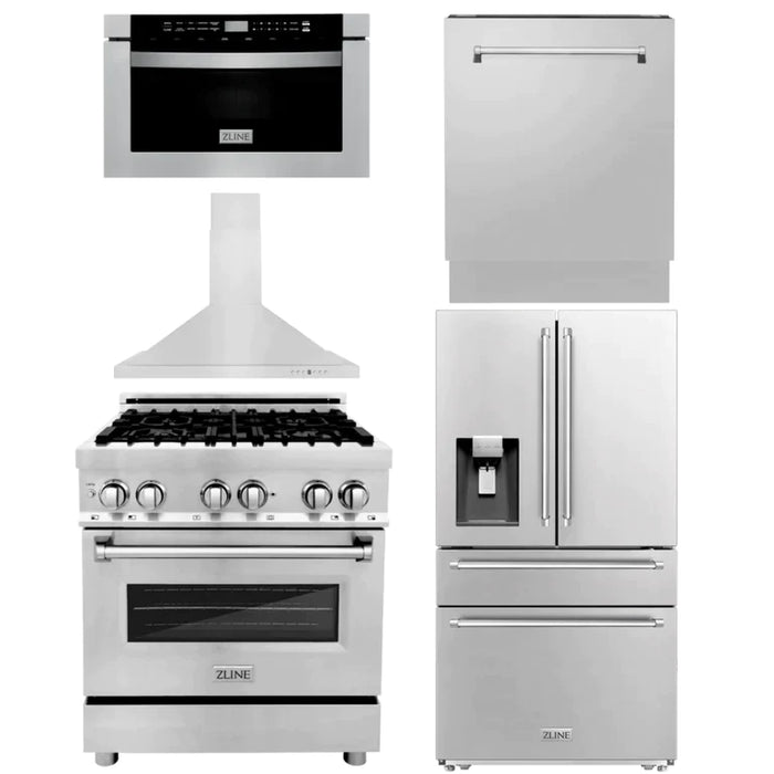 ZLINE Kitchen Package with Water and Ice Dispenser Refrigerator, 30" Dual Fuel Range, 30" Range Hood, Microwave Drawer, and 24" Tall Tub Dishwasher