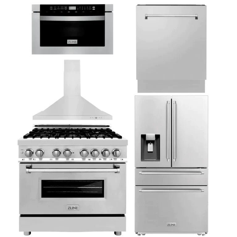 ZLINE Kitchen Package with Water and Ice Dispenser Refrigerator, 36" Dual Fuel Range, 36" Range Hood, Microwave Drawer, and 24" Tall Tub Dishwasher 1