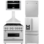 ZLINE Kitchen Package with Water and Ice Dispenser Refrigerator, 36" Dual Fuel Range, 36" Range Hood, Microwave Drawer, and 24" Tall Tub Dishwasher1