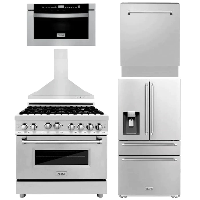 ZLINE Kitchen Package with Water and Ice Dispenser Refrigerator, 36" Gas Range, 36" Range Hood, Microwave Drawer, and 24" Tall Tub Dishwasher