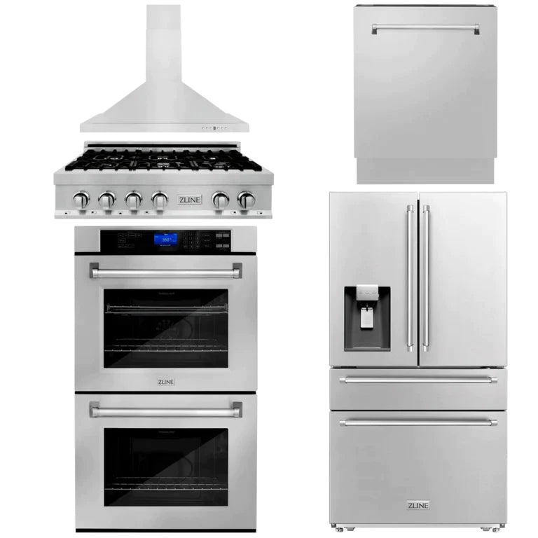 ZLINE Kitchen Package with Water and Ice Dispenser Refrigerator, 36" Rangetop, 36" Range Hood, 30" Double Wall Oven, and 24" Tall Tub Dishwasher