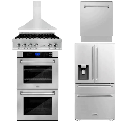 ZLINE Kitchen Package with Water and Ice Dispenser Refrigerator, 36" Rangetop, 36" Range Hood, 30" Double Wall Oven, and 24" Tall Tub Dishwasher 1