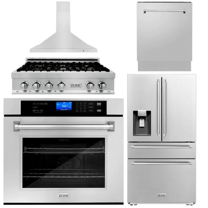 ZLINE Kitchen Package with Water and Ice Dispenser Refrigerator, 36" Rangetop, 36" Range Hood, 30" Single Wall Oven, and 24" Tall Tub Dishwasher